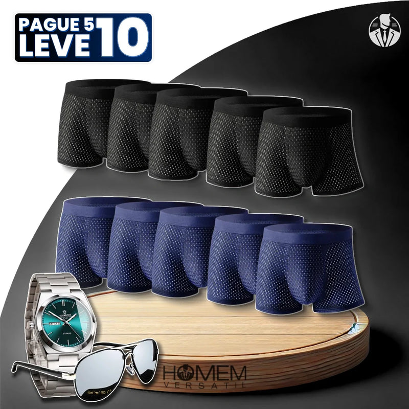 [Pague 5, Leve 10] Kit de Cuecas Brave Boxer de Fibra de Bambu com 2 BRINDES: Relógio e Óculos